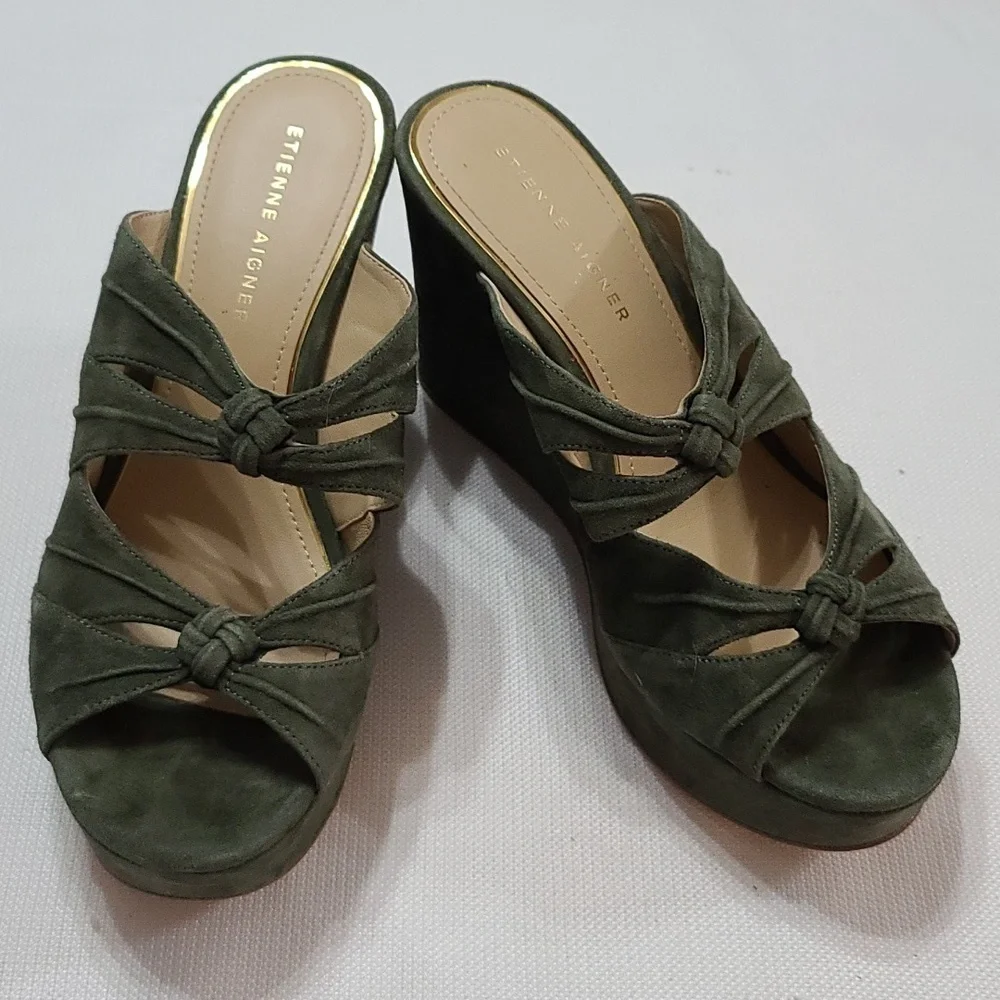 Etienne Aigner Womens Wedge Sandal Hunter Green Leather Knotted Straps Sz 8 NWOT